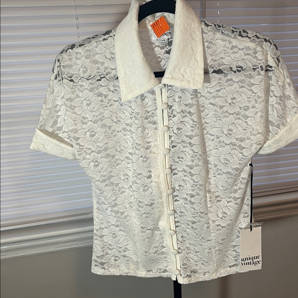 Unique Vintage White Lace Button-Up Top